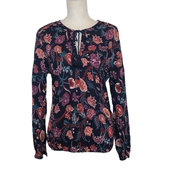 LUCKY BRAND Blouse Women's Size Medium Blue Pink Floral V-Neck Long Sleeve Top - Picture 1 of 13